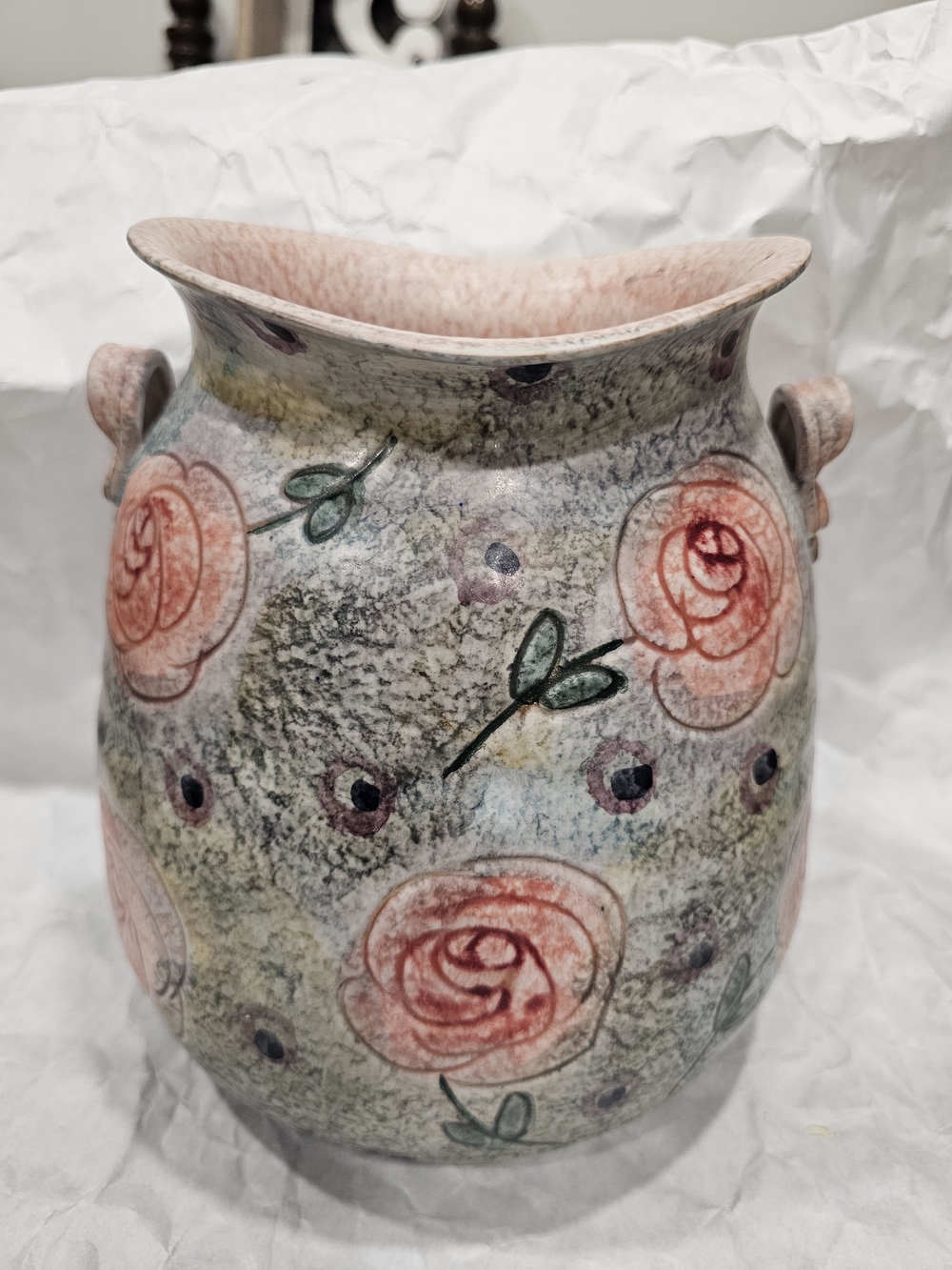 Vintage MCM Italian Art Pottery Ceramic Floral Rose Vase w/ Handles